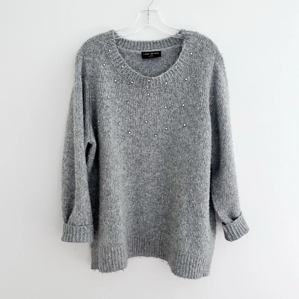 Lane Bryant Gray Rhinestone Embellished Crew Neck Sweater Women Size 18/20